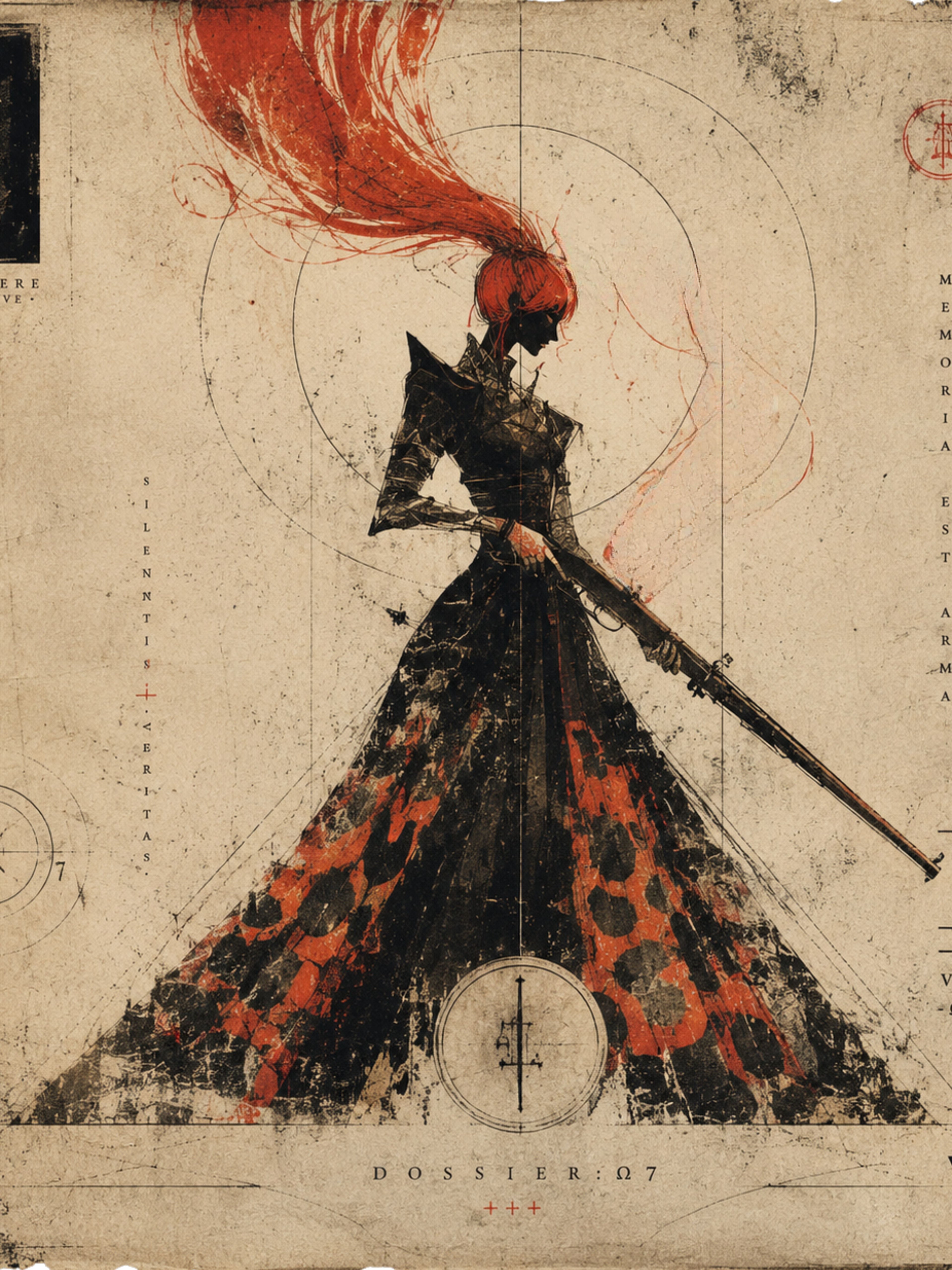 A red-haired figure with a rifle, rendered in Black Dossier style